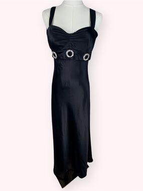 VTG Cassandra Stone Black Liquid Satin Evening Gown Rhinestone Hardware Size 8